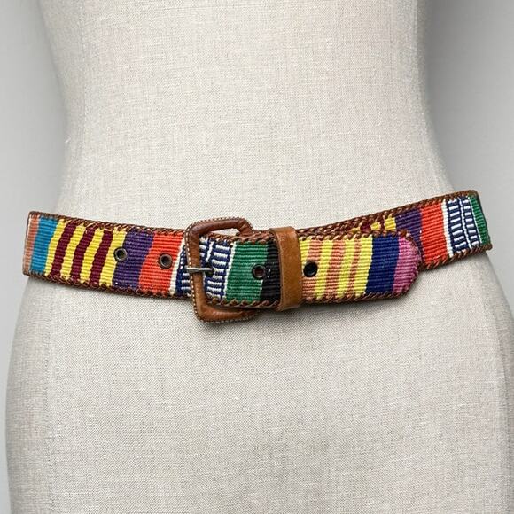 Vintage 90s Woven Rainbow Belt Leather Trim Guatemala Boho Festival Multi Color main image 10